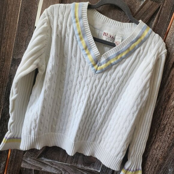 RUSS Liz Claiborne V-Neck White Tennis Sweater Women's Size XL Preppy Cable Knit - Picture 2 of 13